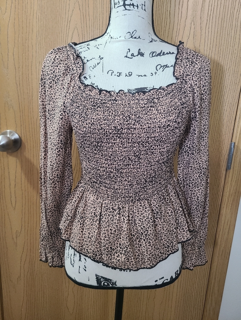 Urban Romantics Leopard Print Polka Dot Smocked Long Sleeve Peplum Top